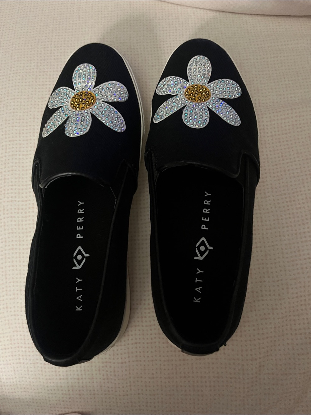 Katy Perry Collections Black Slip-On Mules with Crystal Daisy Appliqués